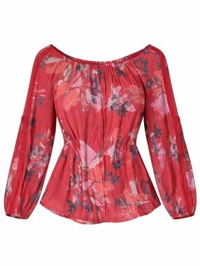 Hope & Harlow Cherry Red Floral Off-Shoulder Peasant Boho Flowy Blouse Size L